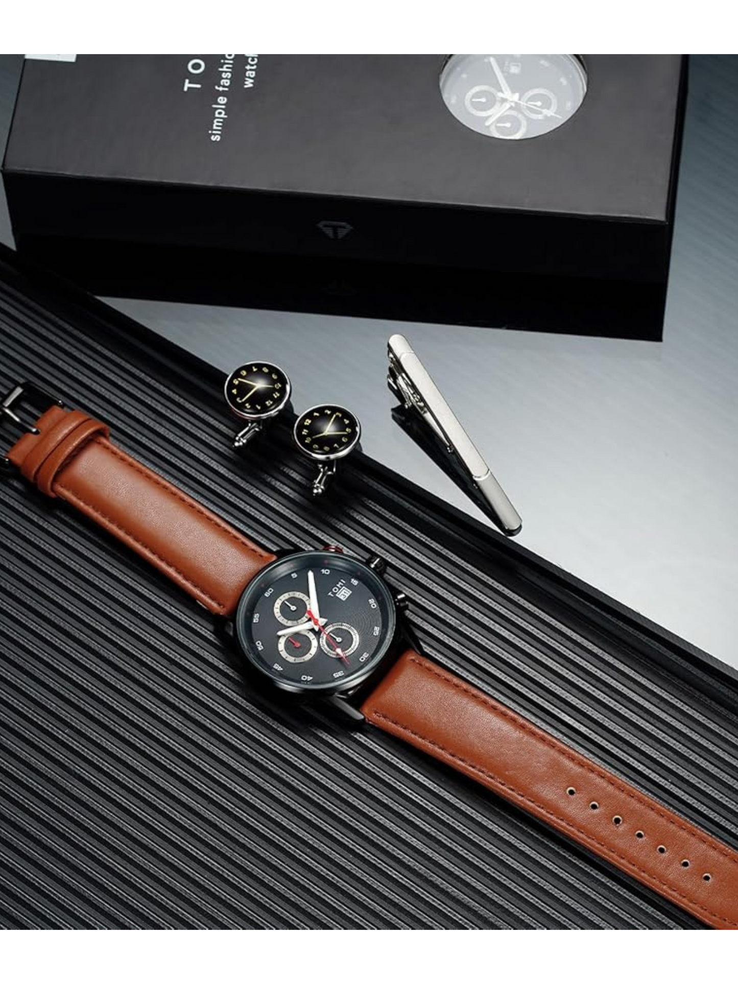 TOMI T-601 S6 Series Chronograph Luxury Watch Gift Set with Cufflinks & Tie Pin for Men