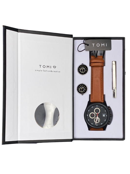TOMI T-601 S6 Series Chronograph Luxury Watch Gift Set with Cufflinks & Tie Pin for Men