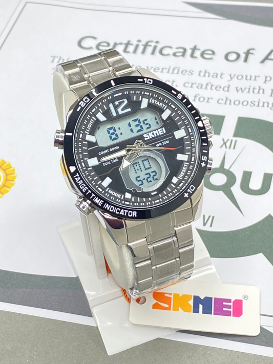 SKMEI 1391 Dual Time Multi Functional Stainless Steel Chain Watch For Men