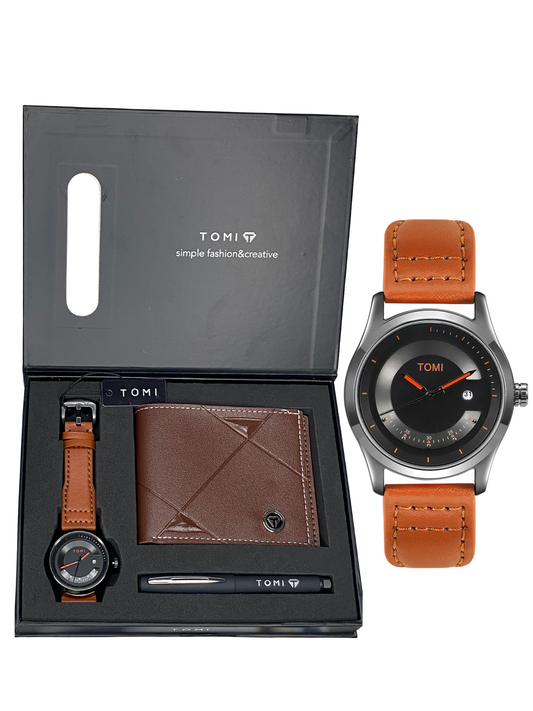 TOMI T-099 Men’s Wrist Watch with Wallet & Pen Premium Straps Watch in TOMI Gift Box