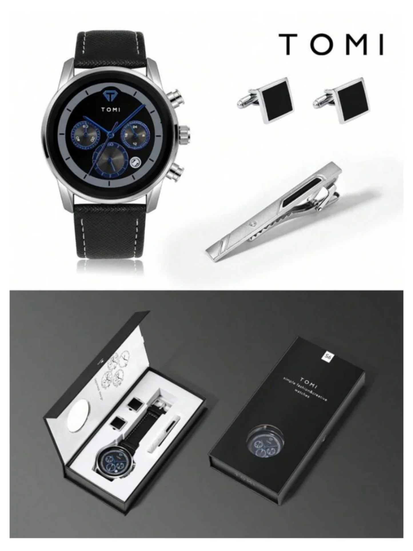TOMI T-603 S6 Series Luxury Men’s Watch Gift Set with Cufflinks & Tie Pin Elegant Business Box