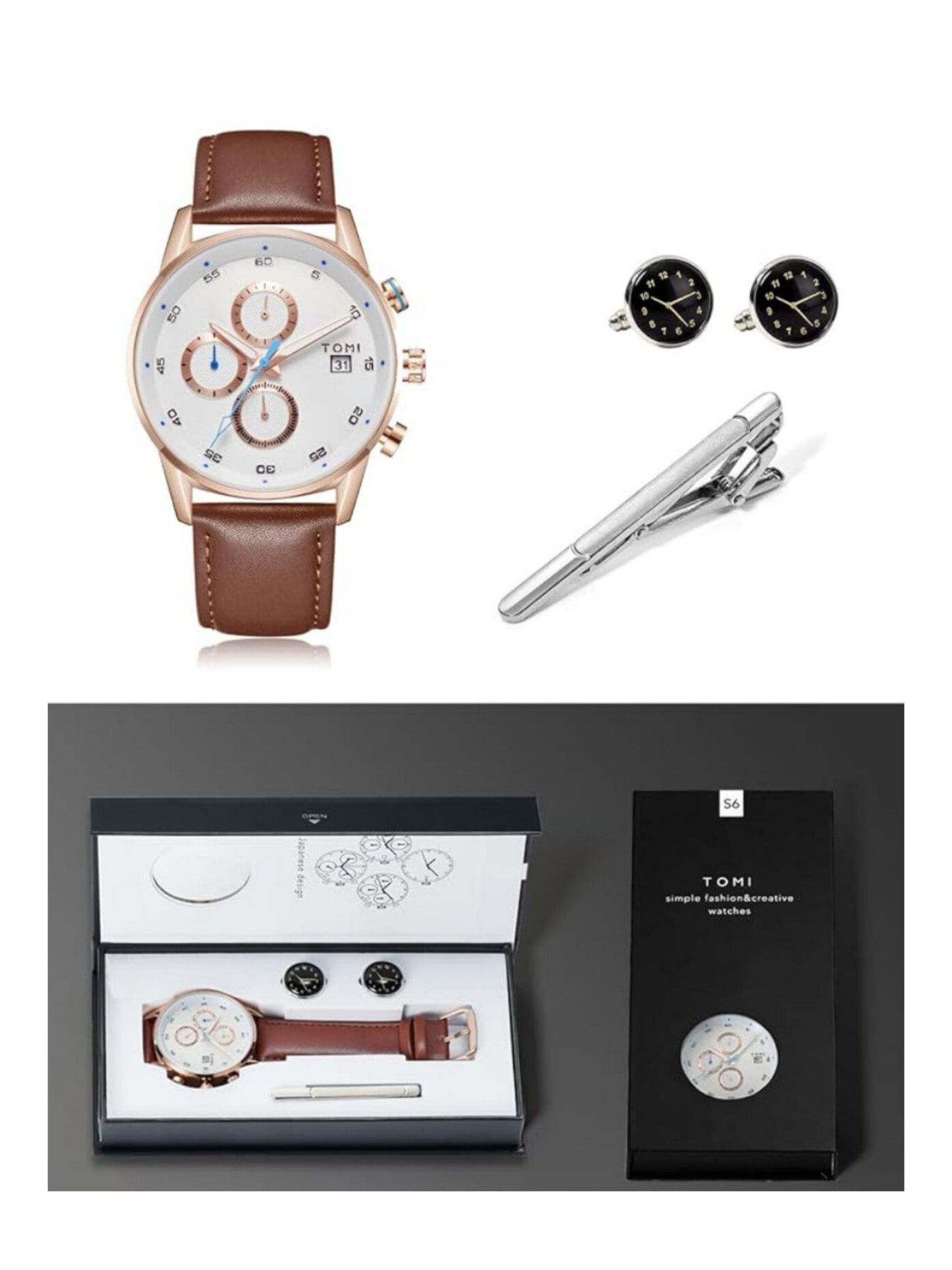 TOMI T-601 S6 Series Chronograph Luxury Watch Gift Set with Cufflinks & Tie Pin for Men