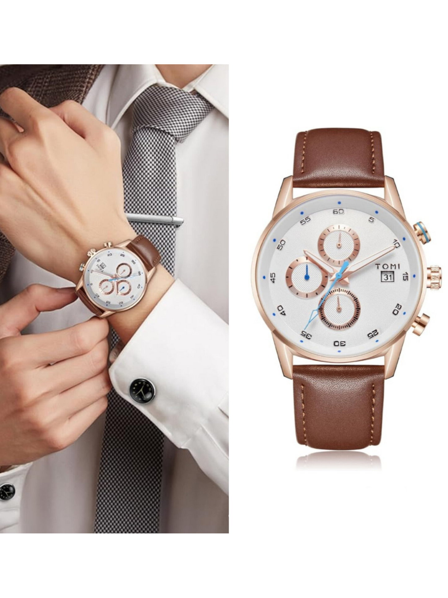 TOMI T-601 S6 Series Chronograph Luxury Watch Gift Set with Cufflinks & Tie Pin for Men