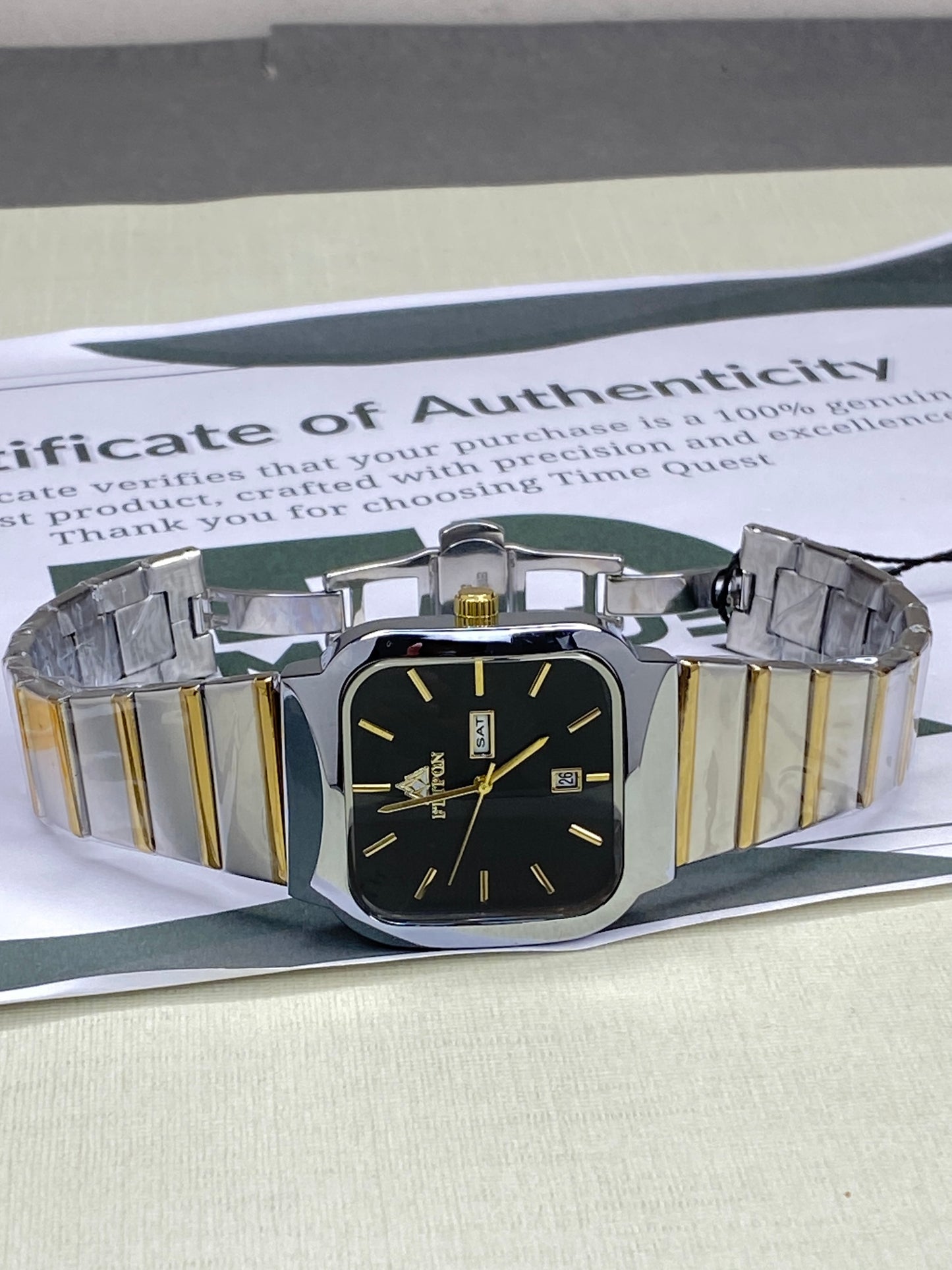 FTTPON Square Dial Analog Quartz Movement Durable Stainless Steel Chain Watch With Date & Day Display