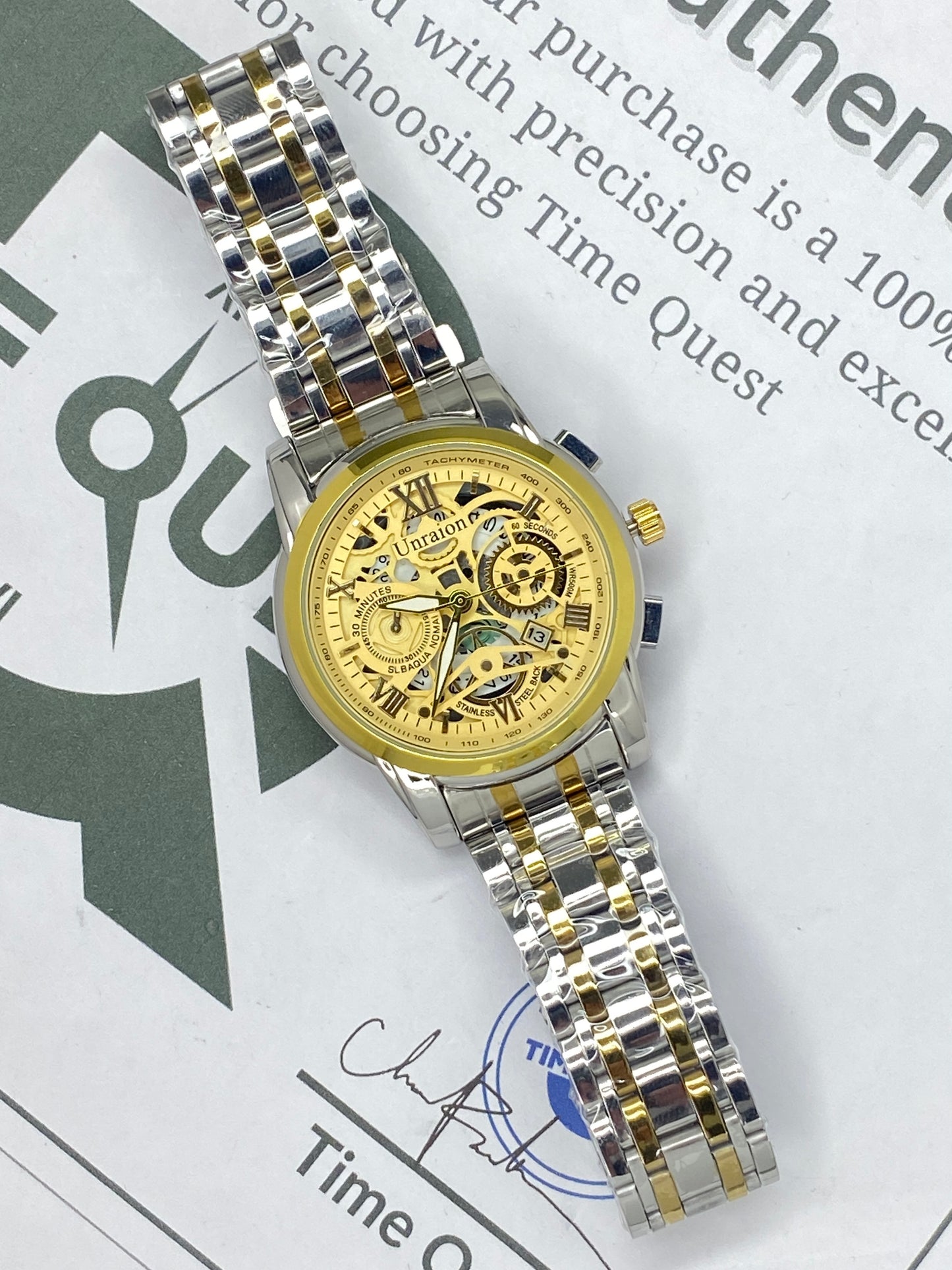 UNRAION Premium Design Skeleton Dial Stainless Steel Chain Analog Watch with Date Display For Men