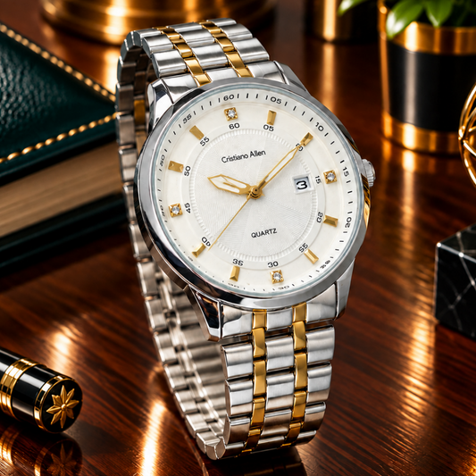 Cristiano Aillen Men’s Round Dial Analog Quartz Watch with Stainless Steel Chain and Date Display