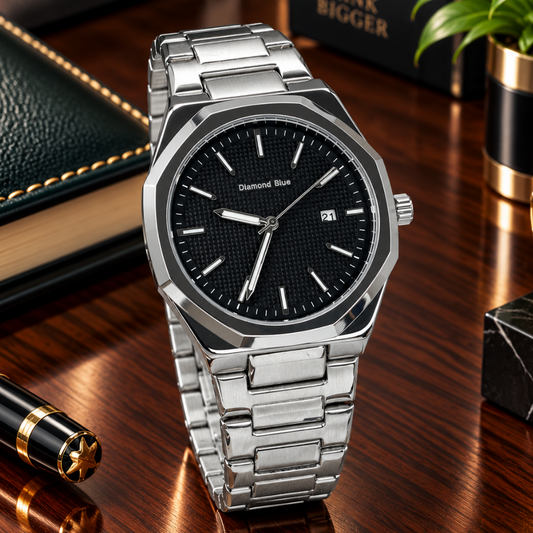 Classic Octagonal Dial Stainless Steel Analog Quartz Chain Watch for Men with Date Display