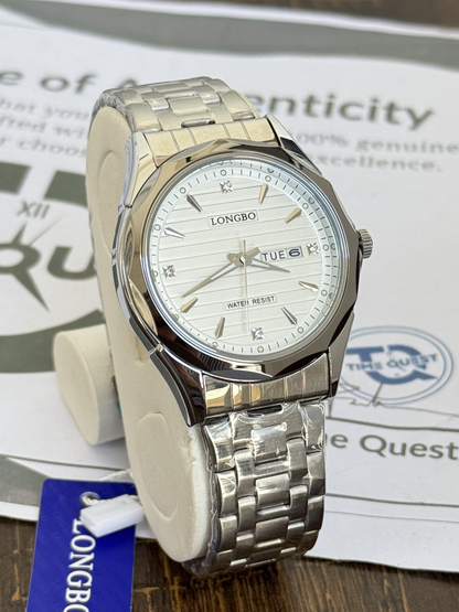 Longbo Stylish Round Dial Analog Quartz Men’s Watch with Stainless Steel Chain Date and Day Function