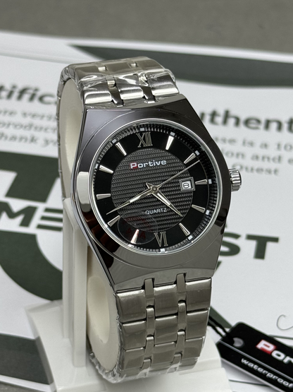 PORTIVE Luxury Men's Stainless Steel Chain Round Dial Quartz Wrist Watch with Date Display