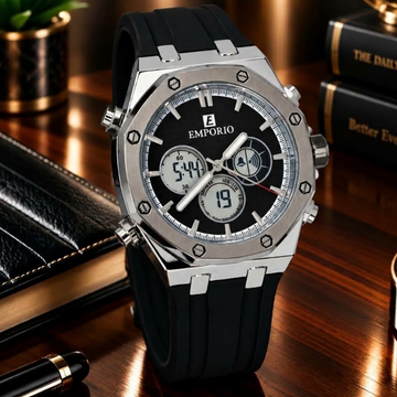 Emporio Luxury Octagonal Dial Dual Time Multifunction Silicone Strap Watch for Men