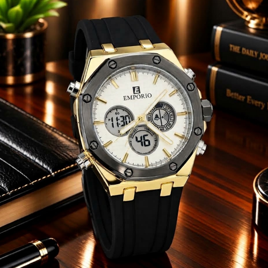 Emporio Luxury Octagonal Dial Dual Time Multifunction Silicone Strap Watch for Men