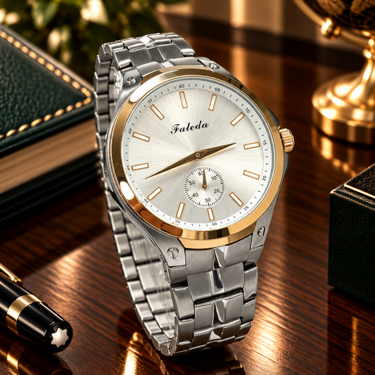 Men’s Down Second Round Dial Analog Watch with Stainless Steel Chain