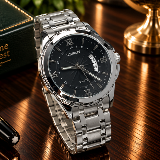 HOURSLY Analog Quartz Round Dial Premium Stainless Steel Chain Watch With Date Display