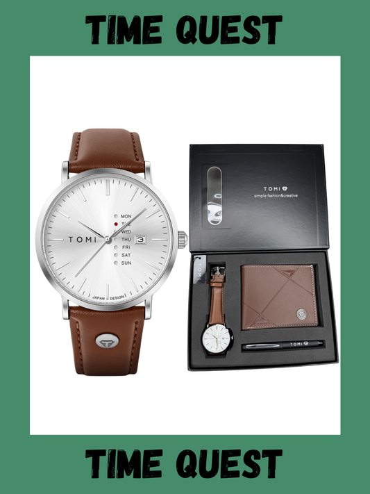 TOMI T-019 Premium Men’s Wrist Watch Gift Set with Wallet & Pen