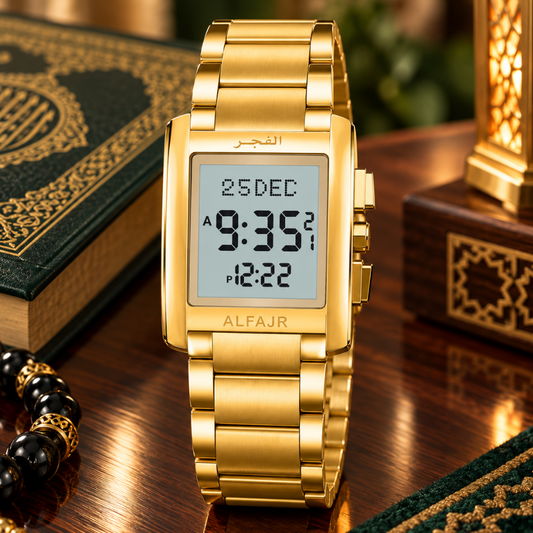 Al Fajar Original Stainless Steel Digital Watch For Men with Azan Prayer Alarm Qibla Direction and Hijri Calendar