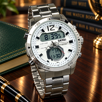 SKMEI 1391 Dual Time Multi Functional Stainless Steel Chain Watch For Men