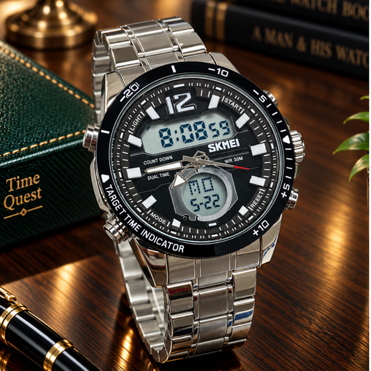 SKMEI 1391 Dual Time Multi Functional Stainless Steel Chain Watch For Men