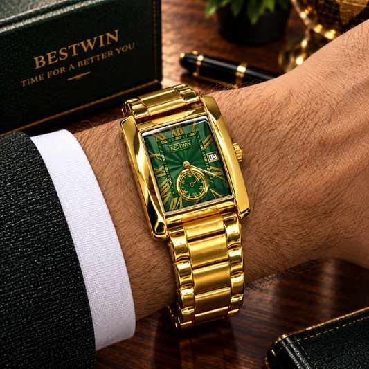 BESTWIN Analog Rectangular Dial Stainless Steel Made Watch With Date Display For Men