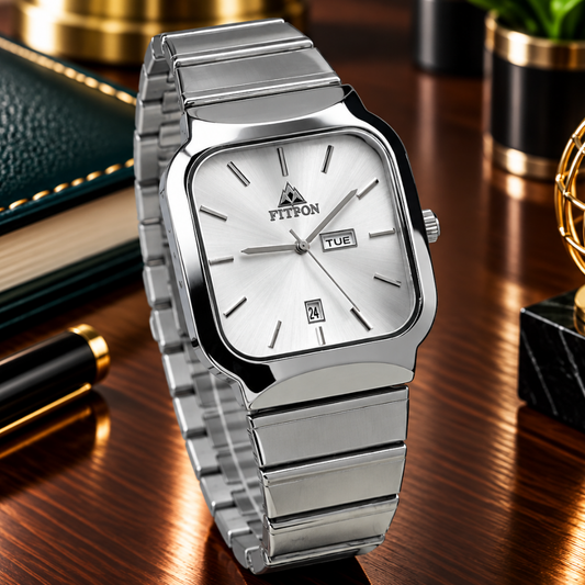 FTTPON Square Dial Analog Quartz Movement Durable Stainless Steel Chain Watch With Date & Day Display