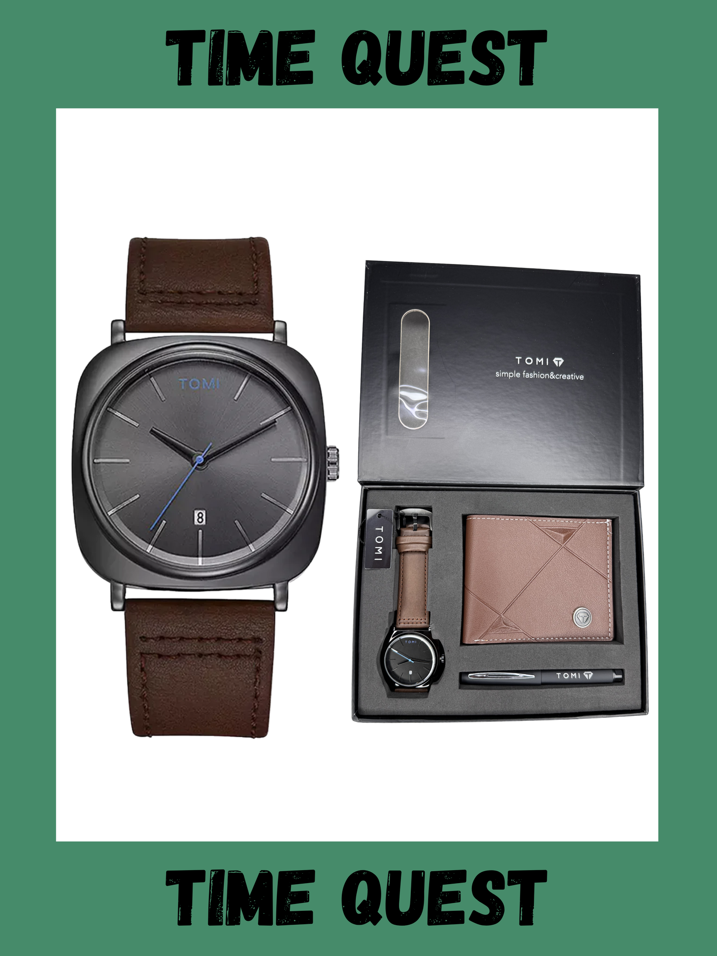 TOMI T-084 Premium Men’s Wrist Watch Gift Set with Wallet Pen and Luxury Gift Box