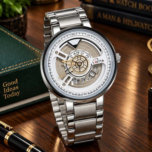 KETTA Round Dial Analog Quartz Movement Watch with Stainless Steel Chain and Date Display For Men