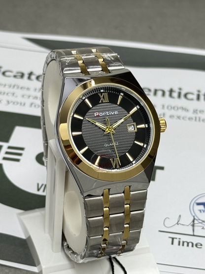 PORTIVE Luxury Men's Stainless Steel Chain Round Dial Quartz Wrist Watch with Date Display