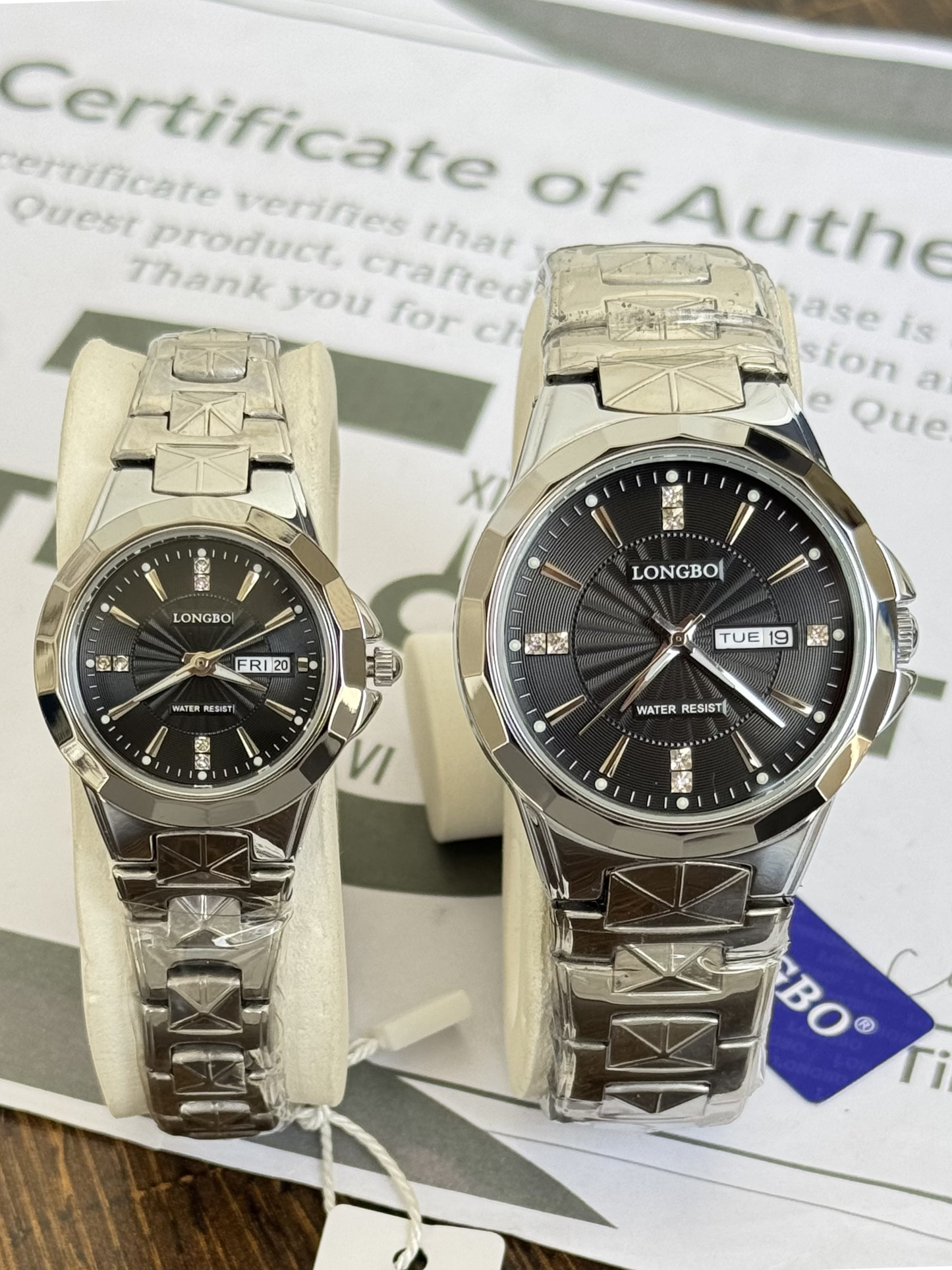 Longbo Couple Premium Chain Watches With Analog Quartz movement Day & Date Display