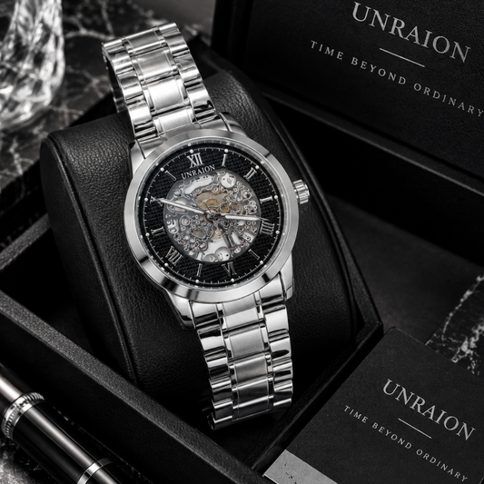 UNRAION Analog Skeleton Dial Stainless Steel Chain Watch for Men with Quartz Movement Date Display