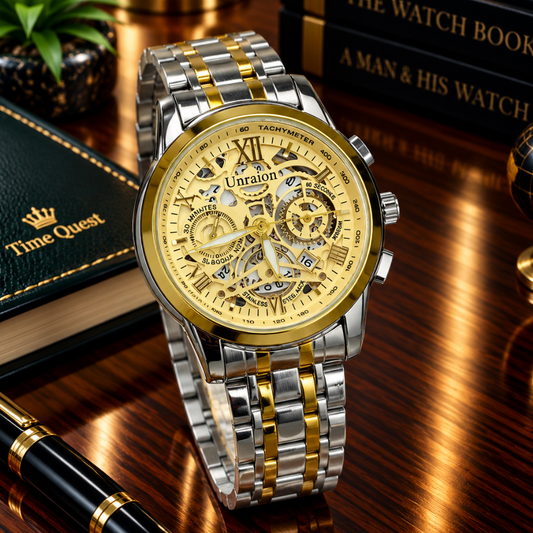 UNRAION Premium Design Skeleton Dial Stainless Steel Chain Analog Watch with Date Display For Men