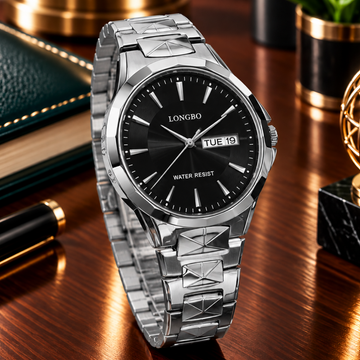 Longbo Stylish Round Dial Analog Quartz Men’s Watch with Stainless Steel Chain Date and Day Function