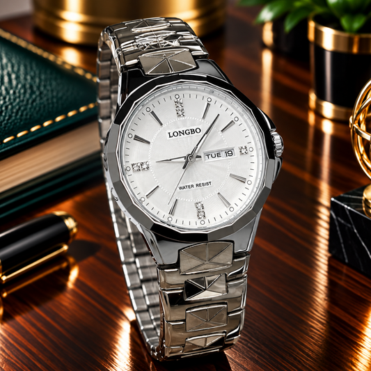 Longbo Stylish Round Dial Analog Quartz Men’s Watch with Stainless Steel Chain Date and Day Function