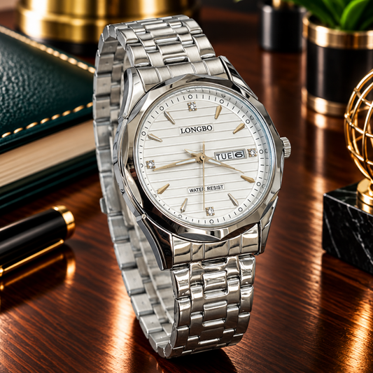 Longbo Round Dial Analog Quartz Movement Men’s Watch with Stainless Steel Chain Date and Day