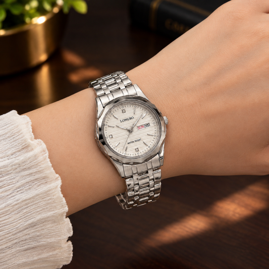 Longbo Elegant Couple Chain Watches With Analog Quartz movement Day & Date Display