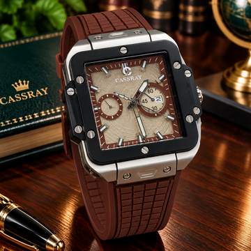 CASSRAY Men's Square Shape Metallic Dial Durable Rubber Straps Analog Quartz Watch With Date Display