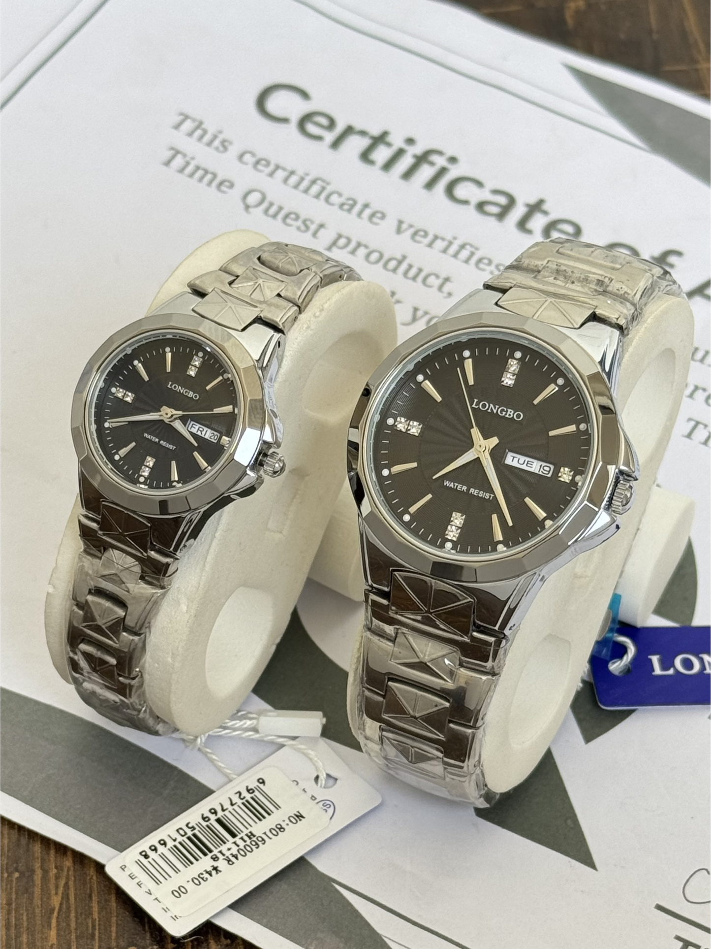 Longbo Couple Premium Chain Watches With Analog Quartz movement Day & Date Display