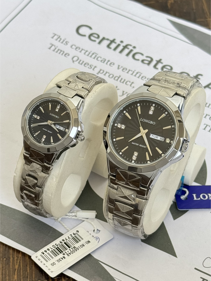 Longbo Couple Premium Chain Watches With Analog Quartz movement Day & Date Display