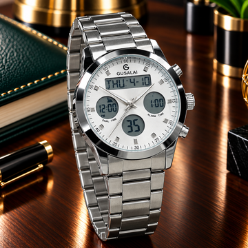Gusalai Men's Stainless Steel Multifunctional Digital Chain Watch Azan Timing Alarm Stopwatch & Date/Day Display