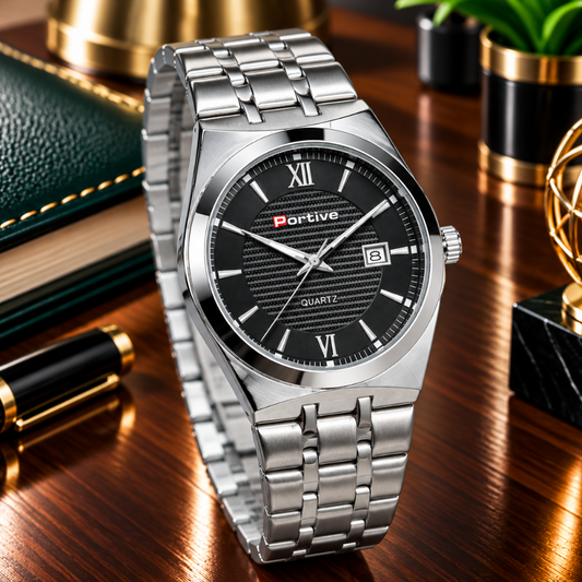 PORTIVE Luxury Men's Stainless Steel Chain Round Dial Quartz Wrist Watch with Date Display