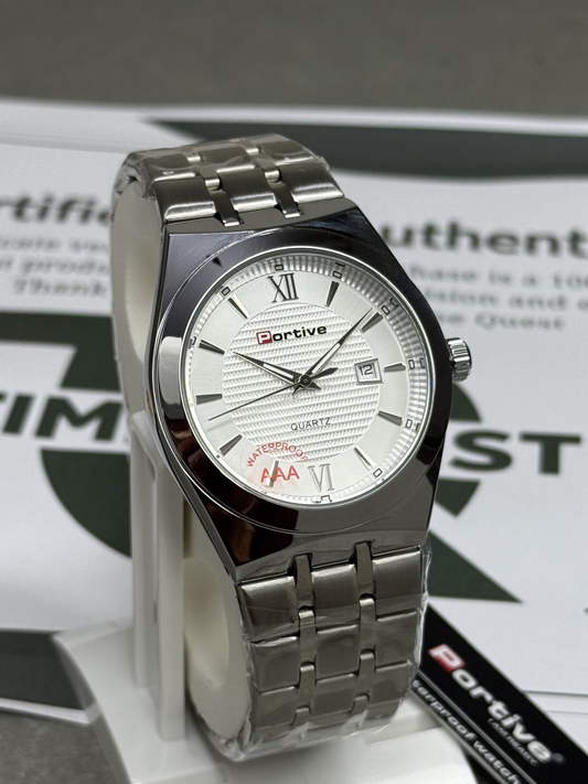 PORTIVE Luxury Men's Stainless Steel Chain Round Dial Quartz Wrist Watch with Date Display