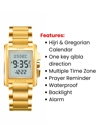Al Fajar Original Stainless Steel Digital Watch For Men with Azan Prayer Alarm Qibla Direction and Hijri Calendar