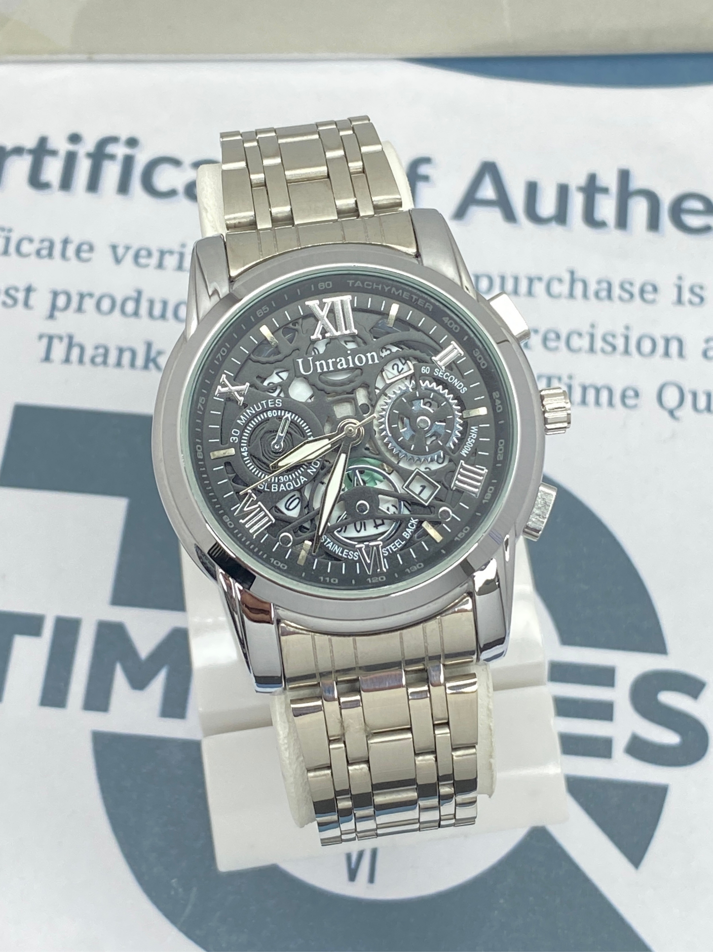 UNRAION Premium Design Skeleton Dial Stainless Steel Chain Analog Watch with Date Display For Men