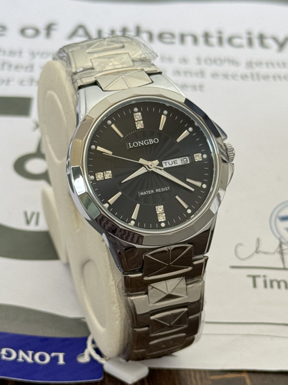 Longbo Stylish Round Dial Analog Quartz Men’s Watch with Stainless Steel Chain Date and Day Function