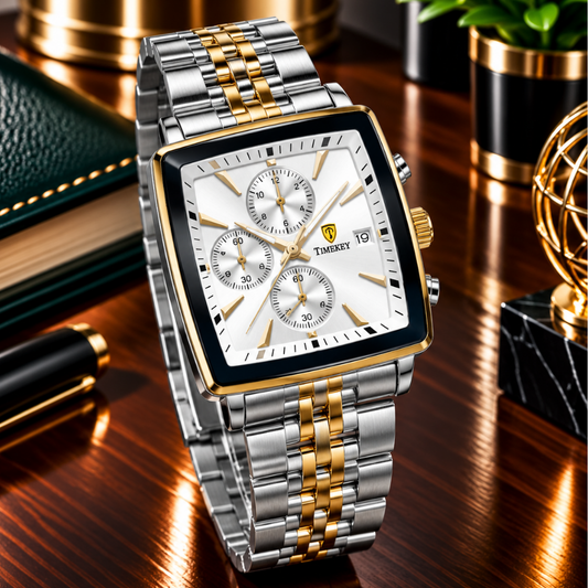LONGBO Men’s Square Dial Chronograph Watch in Premium Stainless Steel Chain with Date Display