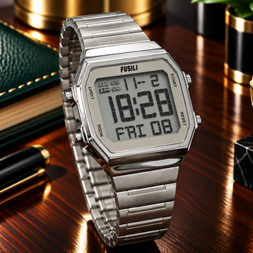 FUSILI Premium Multifunction Digital Watch for Men with Square Dial and Steel Chain
