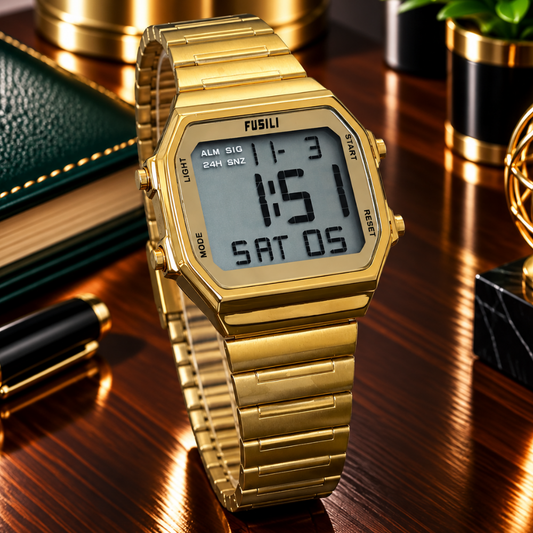FUSILI Premium Multifunction Digital Watch for Men with Square Dial and Steel Chain