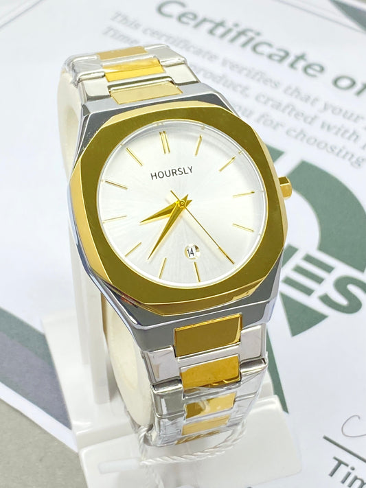 HOURSLY Octagonal Dial Stainless Steel Analog Chain Watch with Date Display and Butterfly Lock