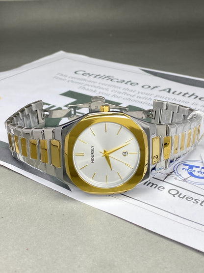 HOURSLY Octagonal Dial Stainless Steel Analog Chain Watch with Date Display and Butterfly Lock