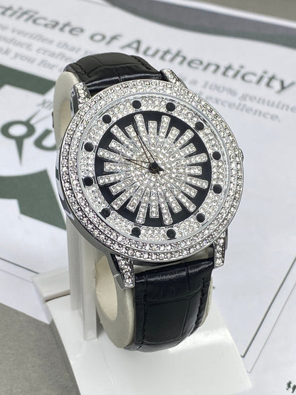 MERIOTS Iced Out Design Round Dial Spinning Wheel Straps Watch