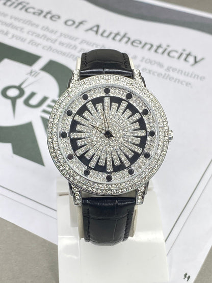 MERIOTS Iced Out Design Round Dial Spinning Wheel Straps Watch