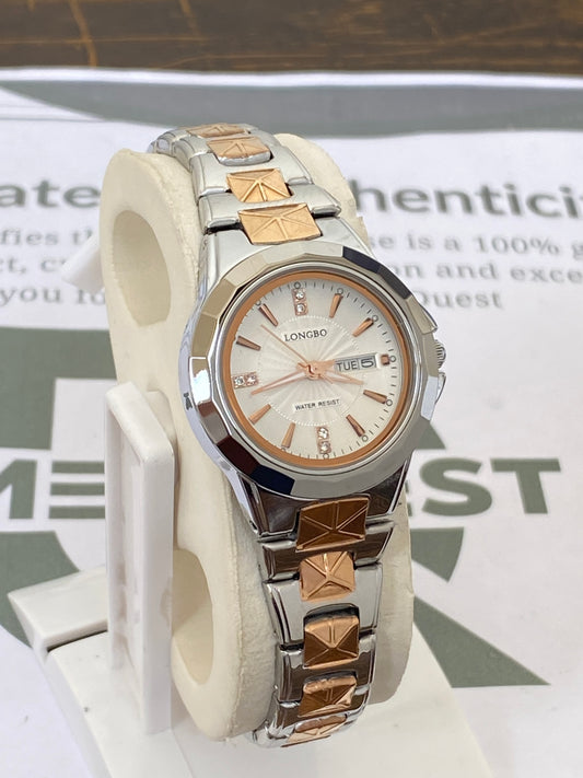 Longbo Stylish Round Dial Ladies Watch With Date & Day – Elegant Steel Chain Design